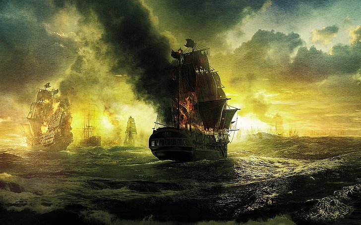 brown ship painting, sea, old ship, sailing ship, artwork, fire, HD wallpaper