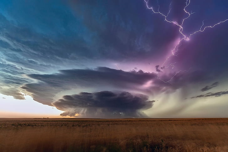 South Dakota, plains, overcast, clouds, lightning, storm, nature, HD wallpaper