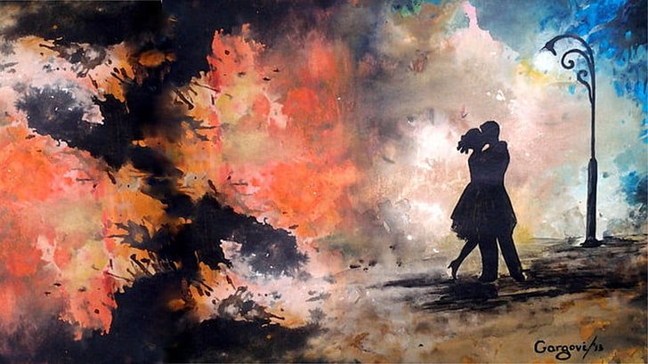 painting of woman and man, abstract, kissing, silhouette, one person, HD wallpaper
