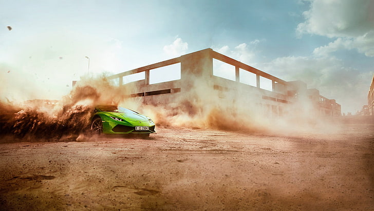 green sports car, dust, Lamborghini, racing, smoke - physical structure, HD wallpaper