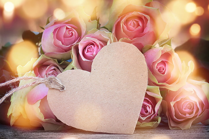 pink rose bouquet, roses, love, buds, heart, flowers, romantic, HD wallpaper