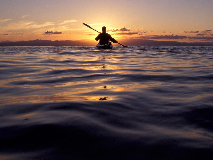 sea, water, boat, kayaks, sunset, sky, one person, silhouette
