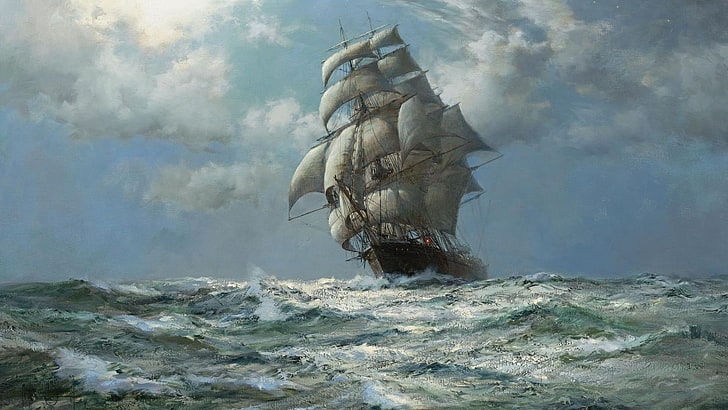 paintings ocean ships artwork sail ship montague dawson 1920x1080  Nature Oceans HD Art