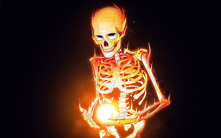 skeleton, bones, fire, art, human skull with light ball illustration
