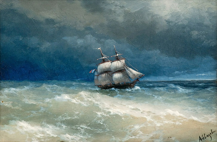 brown and black short coated dog, sea, ship, Ivan Aivazovsky