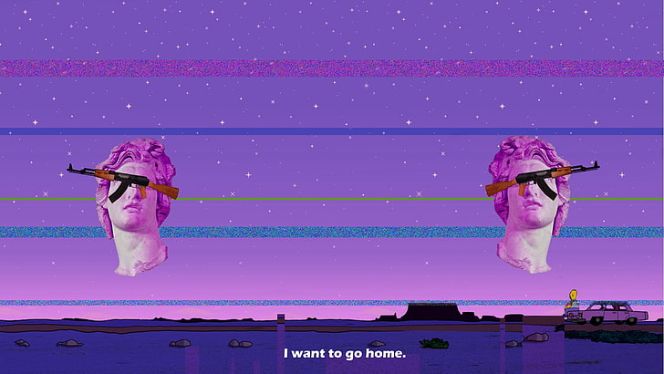 vaporwave, Homer Simpson, gun, AK-47, pink color, people, real people, HD wallpaper