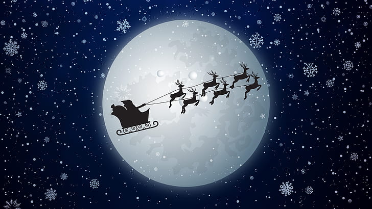 snowflakes, reindeers, santa sledge, santa claus sledge, chariot, HD wallpaper