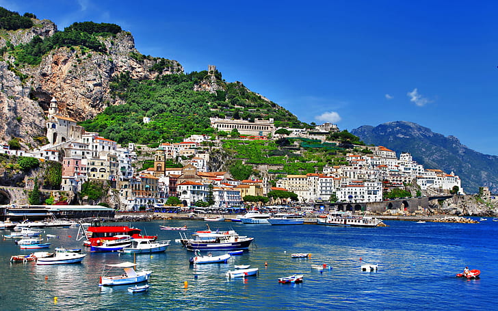 Italy, Positano, Salerno, Amalfi, boats, shore, sea, houses, mountains, HD wallpaper