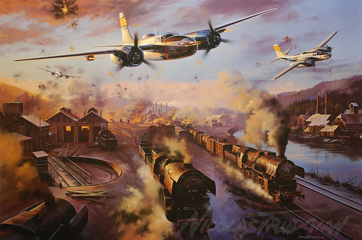 the plane, Bomber, painting, WW2, Attack, A-26 Invader, aircraft art, HD wallpaper