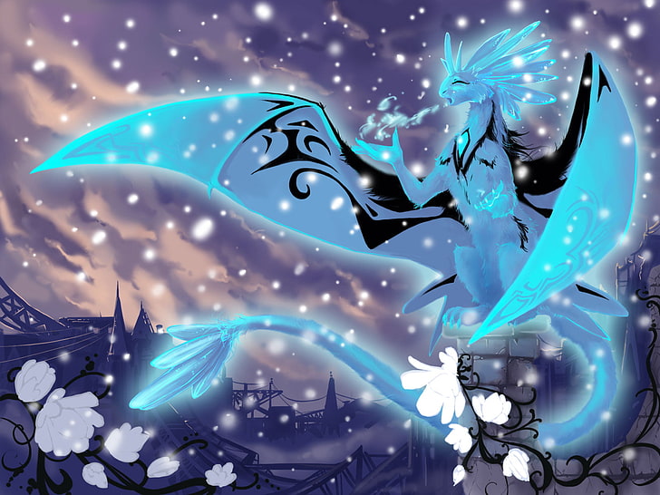 blue dragon illustration, cold, snow, element, ice, fantasy, crystals, HD wallpaper