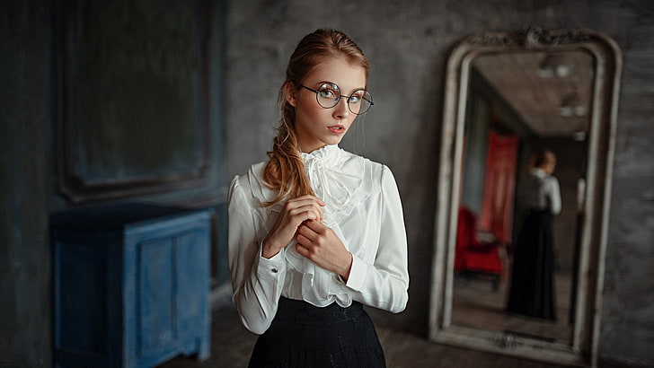 women, blonde, glasses, portrait, mirror, reflection, Georgy Chernyadyev, HD wallpaper