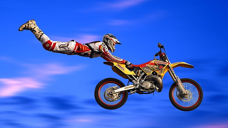 freestyle motocross, sky, extreme sport, motorcycle, racing, HD wallpaper