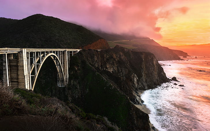 Bixby Bridge, Highway 1, Sunset, 4K, California, Cliffed coast, HD wallpaper