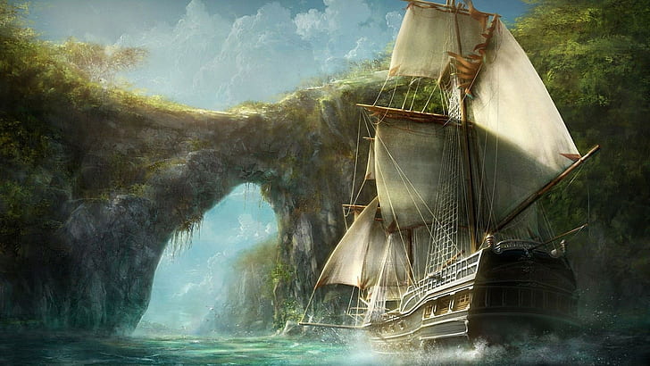 digital art, old ship, water, Caribbean, rocks, pirates, bay