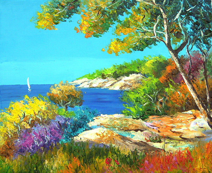 sea, landscape, shore, art, artist, impressionist, jean marc janiaczyk, HD wallpaper