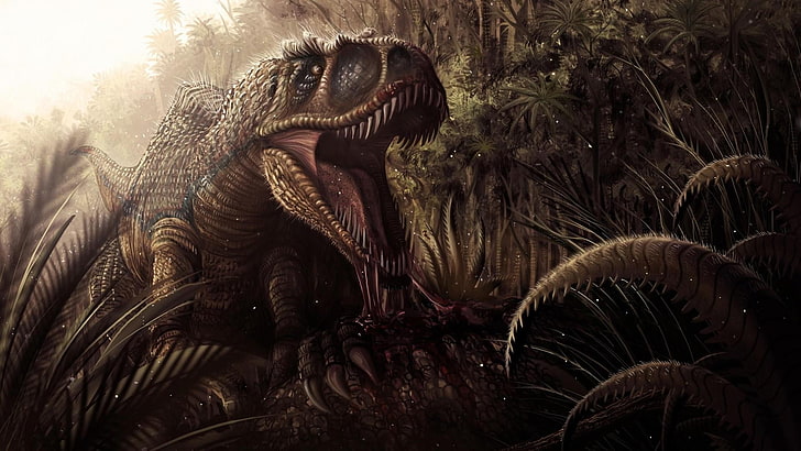 tyrannosaurus rex, t-rex, jungle, roaring, dinosaurs, one person, HD wallpaper