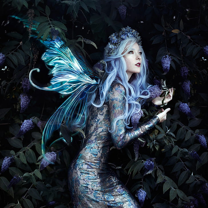 girl, pose, style, fairy, wings, wreath, Bella Kotak, Jessica Dru, HD wallpaper