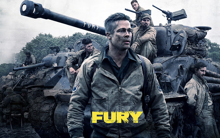 Fury movie cover, war, Fury (movie), movies, weapon, gun, clothing, HD wallpaper