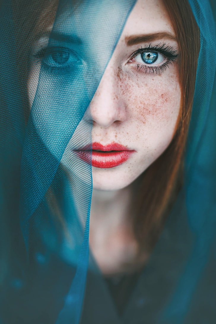 women, blue eyes, redhead, veils, beautiful woman, portrait