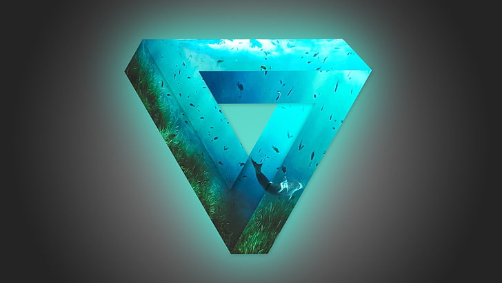 teal wallpaper, soft gradient , triangle, glowing, fish, Photoshop, HD wallpaper