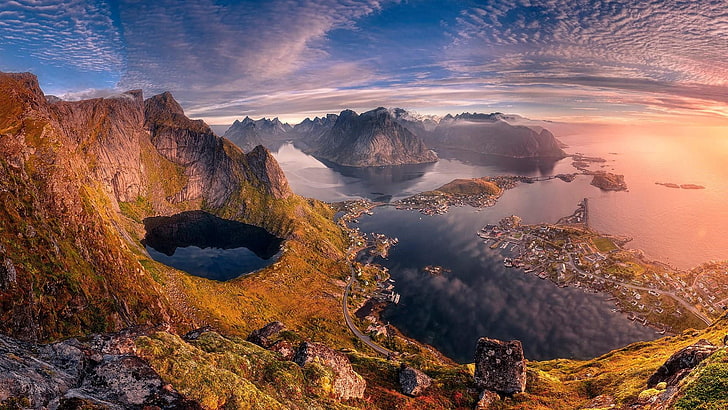 rock, norwegian sea, view, vista, panorama, reflection, reine, HD wallpaper