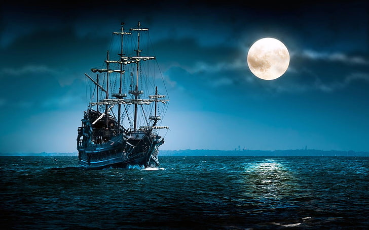 Moon, sea, night, sailing ship, fantasy art, sky, nautical vessel