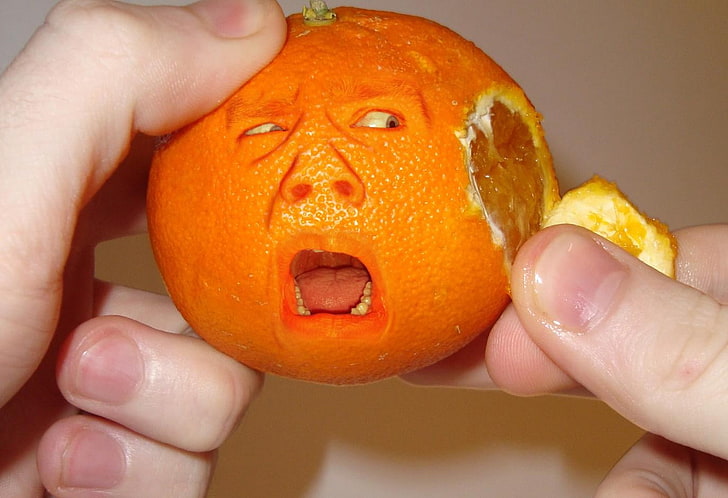 orange (fruit), humor, human body part, food and drink, hand
