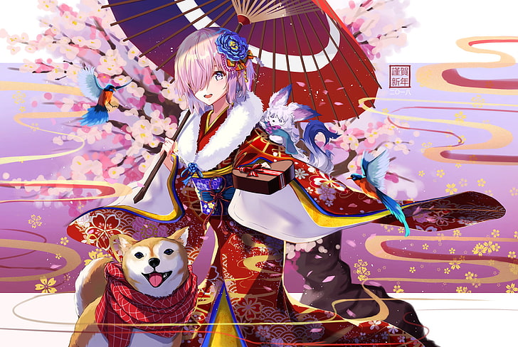 Fate Series, Fate/Grand Order, Animal, Blue Eyes, Blush, Cherry Blossom, HD wallpaper