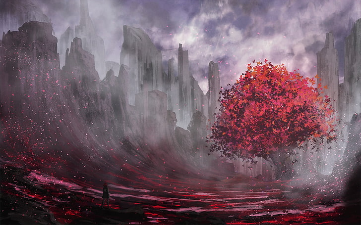 red leafed tree painting, trees, fantasy art, landscape, motion