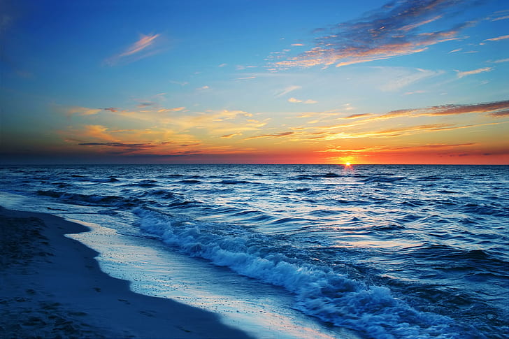 sea, beach, evening, sun, sunset, HD wallpaper