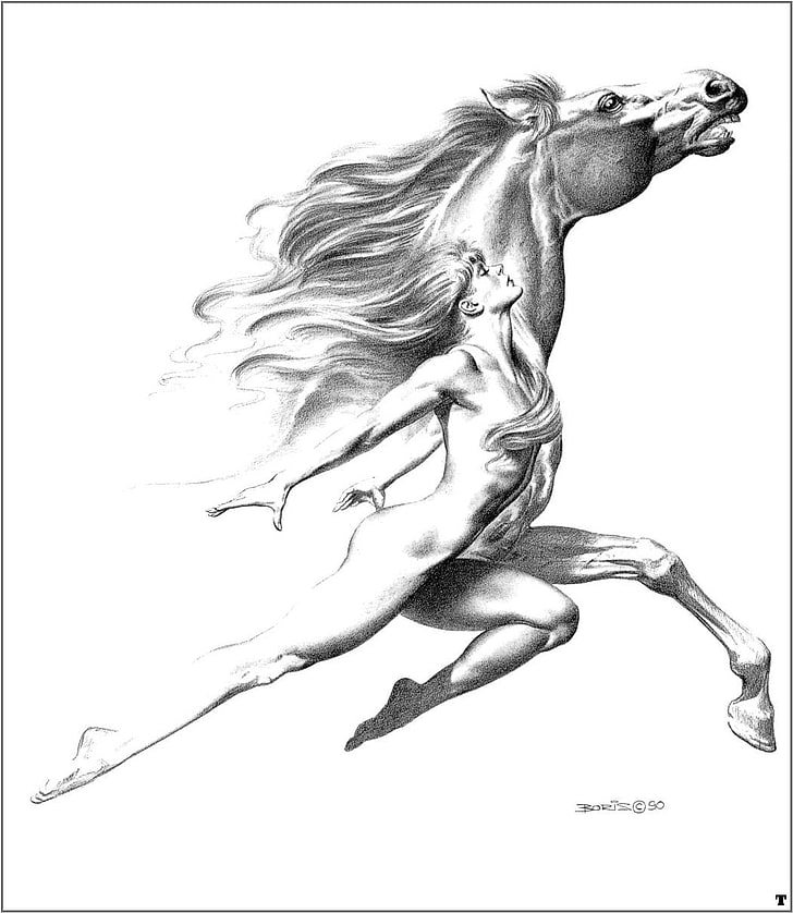 women horses monochrome drawings boris vallejo greyscale 1051x1210  Animals Horses HD Art