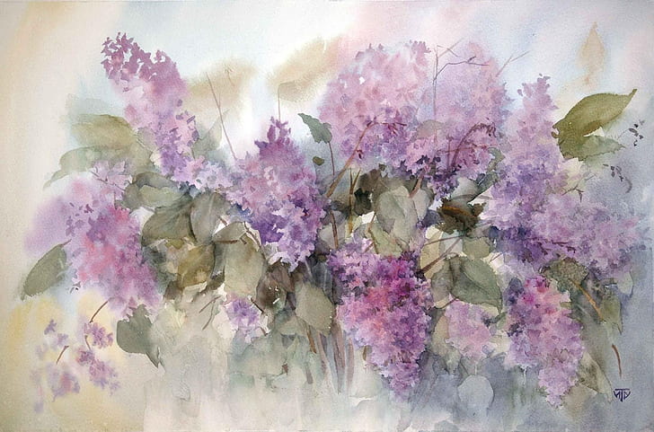 figure, picture, watercolor, painting, lilac, spring flowers
