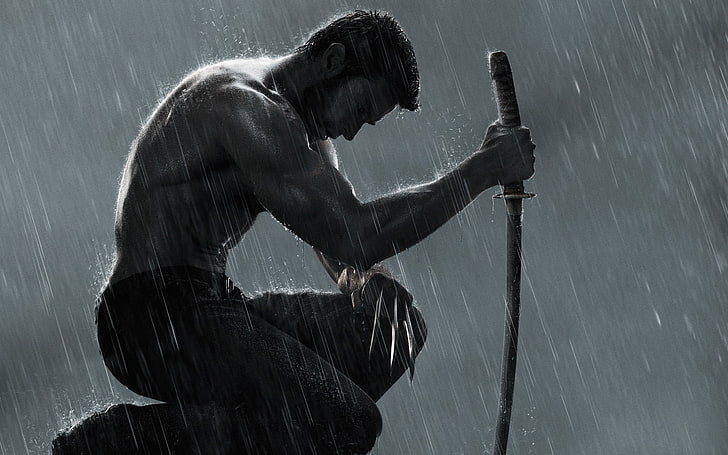 HD wallpaper: The Wolverine movie wallpaper, rain, sword, sitting, steel  claws | Wallpaper Flare
