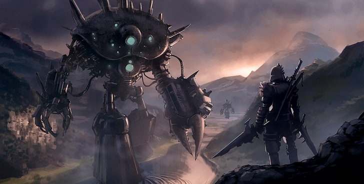 knight and robotic monster painting, cyborg, man, weapons, science