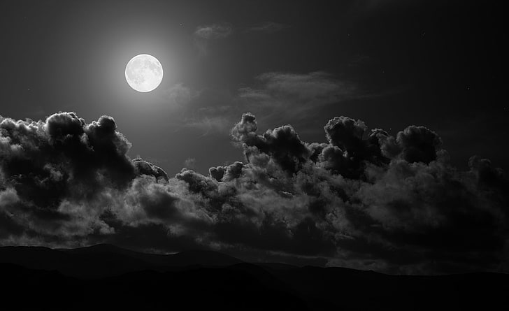 Full Moon, moon and cloud illustration, Space, Dark, Clouds, black and white, HD wallpaper