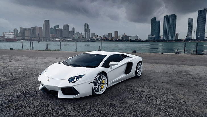 white coupe, car, Lamborghini, Lamborghini Aventador, city, architecture
