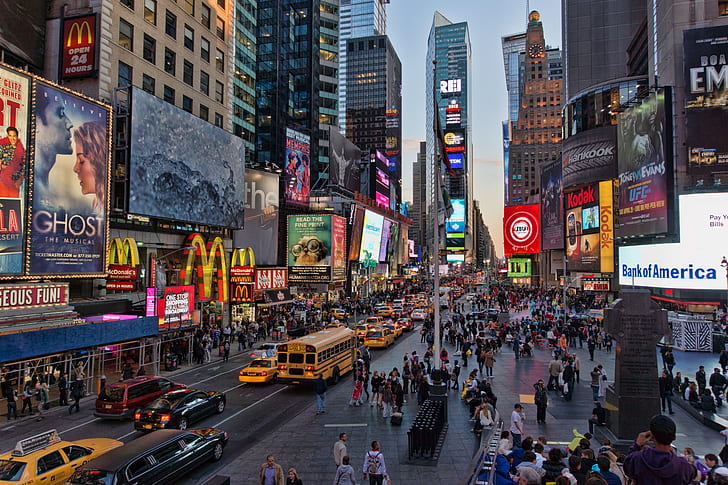 yellow bus, New York City, rush, Times Square, USA, architecture, HD wallpaper