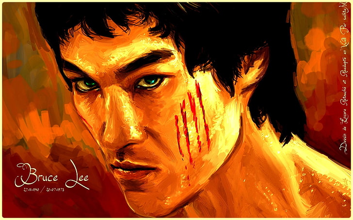 Bruce Lee painting, eyes, look, face, widescreen, bright, dragon