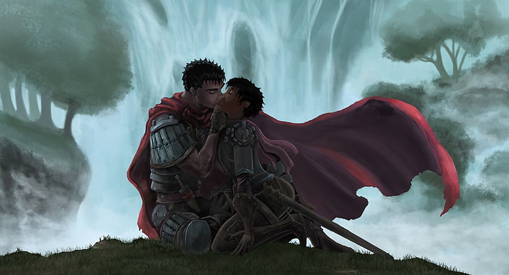 two man and woman knights kissing each other, Berserk, Guts, Casca