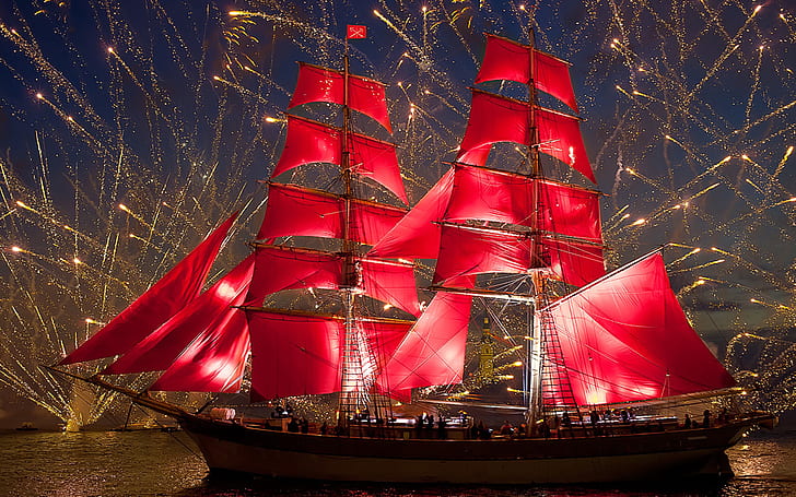 Ship With Red Sails Fireworks Celebration In St. Petersburg Russia Hd Wallpaper For Pc Tablet And Mobile 1920×1200