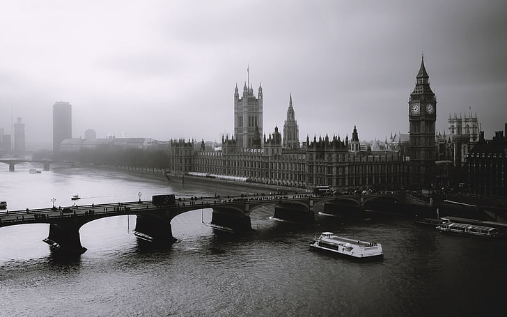 Big Ben, London, mist, river, bridge, black white, london - England, HD wallpaper