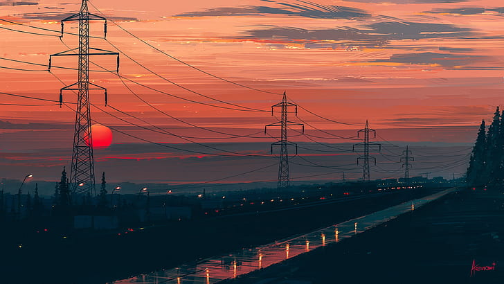 road, the sun, landscape, sunset, Aenami, Any Minute Now, the power lines