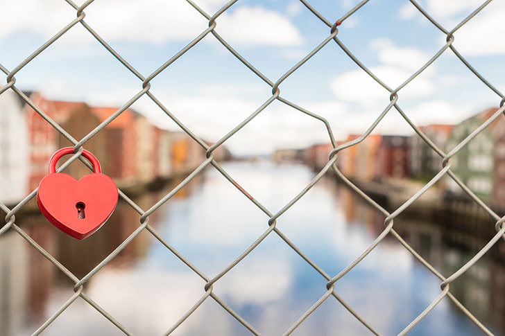 red heart padlock, mesh, blur, fence, love, security, heart Shape, HD wallpaper