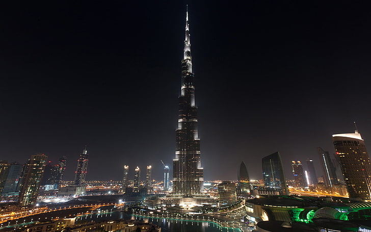 Burj Khalifa, Dubai, the sky, water, night, home, skyscrapers, HD wallpaper