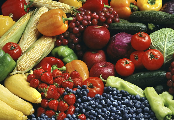 vegetables fruits food corn grapes tomatoes apples peppers Technology Apple HD Art, HD wallpaper