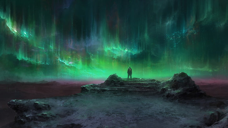 person standing under Aurora clouds digital wallpaper, aurorae
