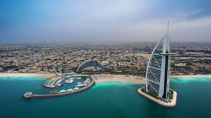 sea, beach, coast, building, Bay, panorama, Dubai, UAE, Burj Al Arab, HD wallpaper