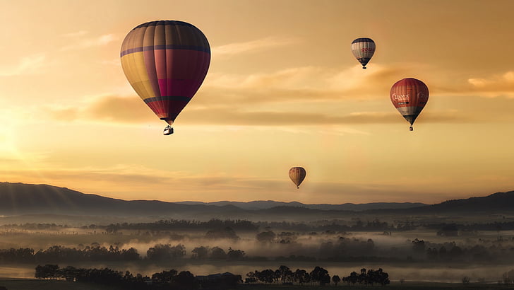 hot air ballooning, sky, flight, landscape, HD wallpaper