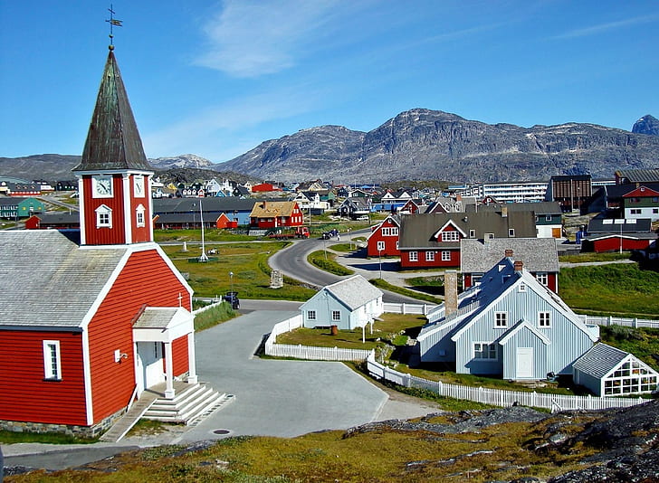 Nuuk, Greenland, church, town, house, mountains