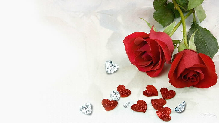 Red Roses Diamonds, romance, love, valentines day, flower, hearts, HD wallpaper
